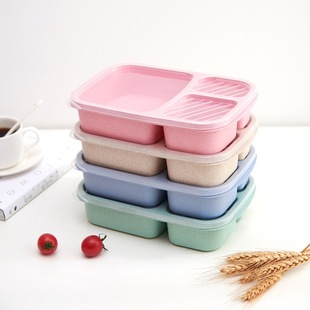 Rice husk lunch box wheat straw tableware lunch box office worker compartment lunch box three compartment square snack box with lid