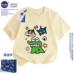 NASA x Crayon Shin-chan Cartoon Print Children's Summer T-shirt for Boys and Girls, Pure Cotton, Simple and Cute Short Sleeve Fashion
