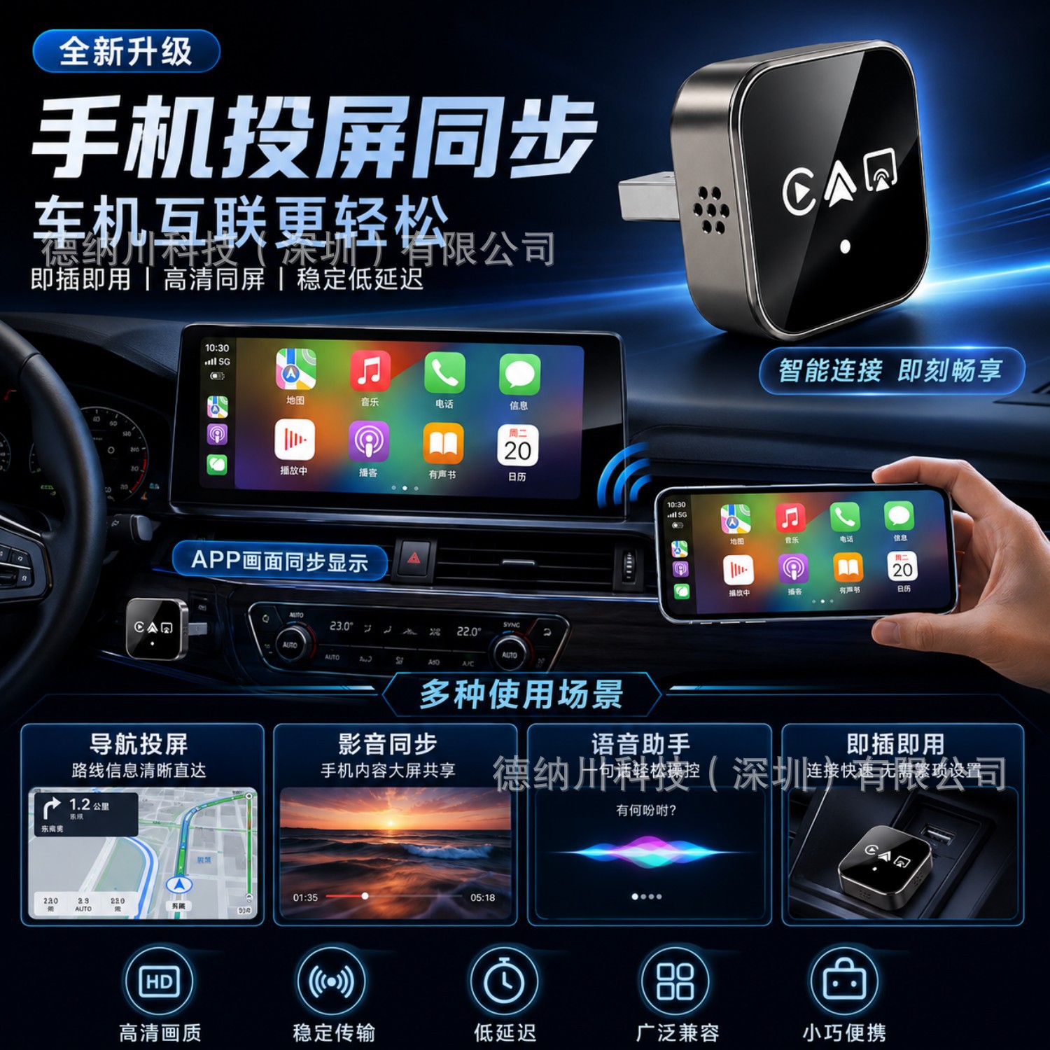 Car-mounted 4-in-1 wired to wireless CarPlay box for smart car connectivity with Android Auto and screen mirroring