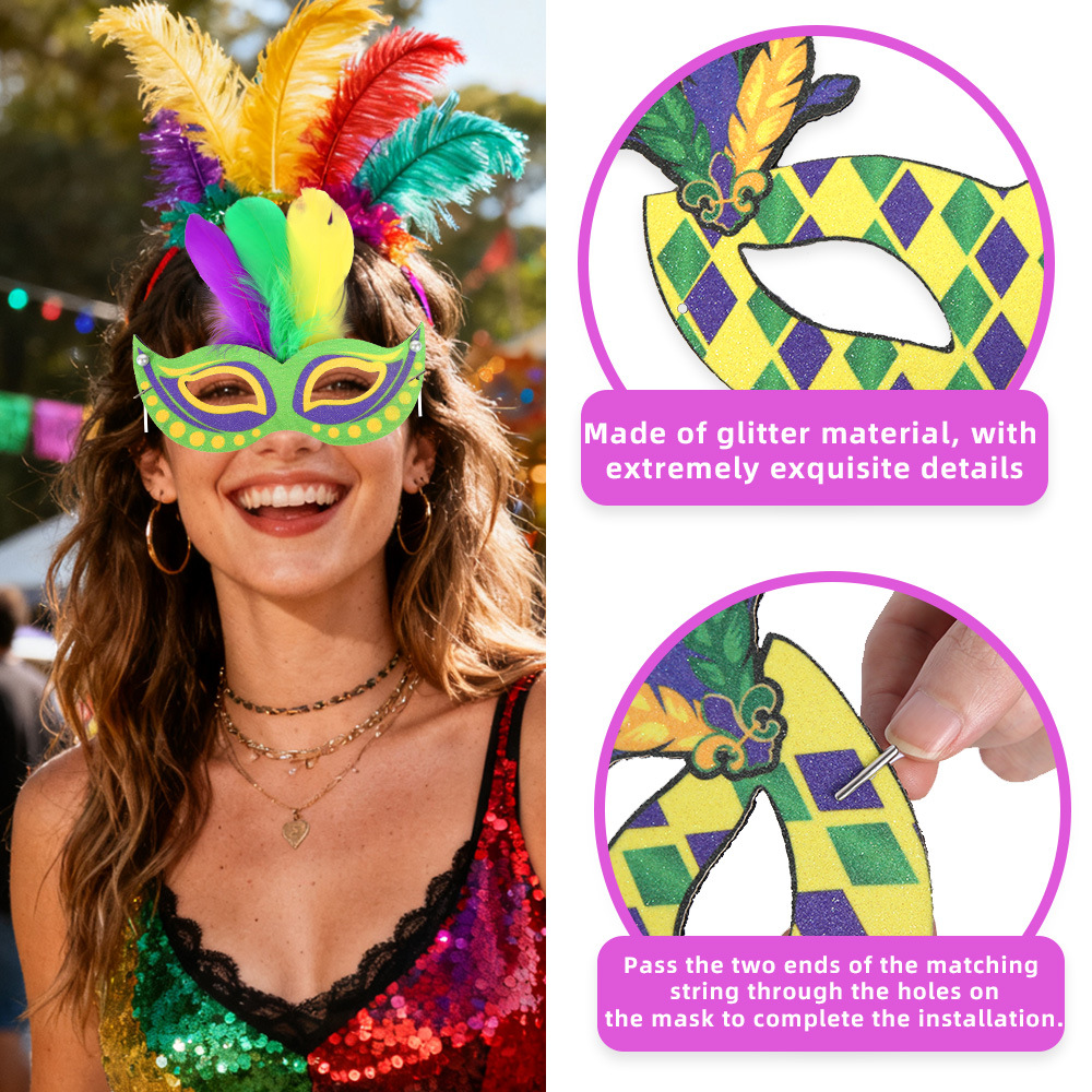 Amazon Carnaval máscara de polvo de oro decoración de fiesta de Nueva Orleans máscara de mitad de cara oro roxo verde plumas máscara de ojos