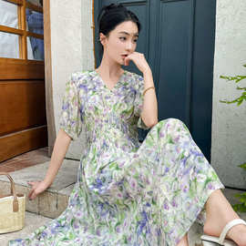 真丝连衣裙女2024新款夏季时尚V领年轻款收腰中长款桑蚕丝长裙