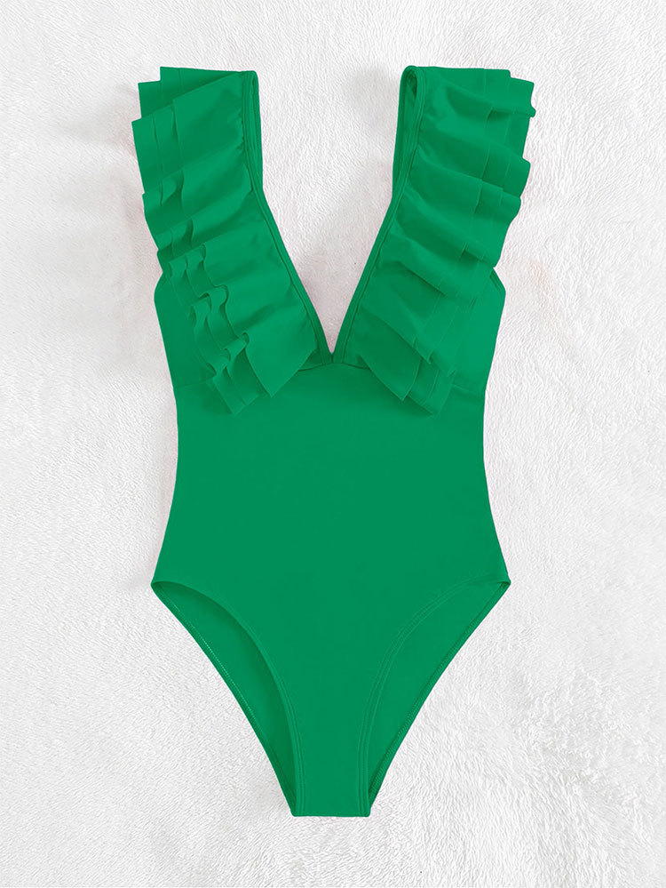2024 ny V-hals flæser tætsiddende badedragt i ét stykke til kvinder med trekantet mavebeklædning og slankende bikini_voghion.com