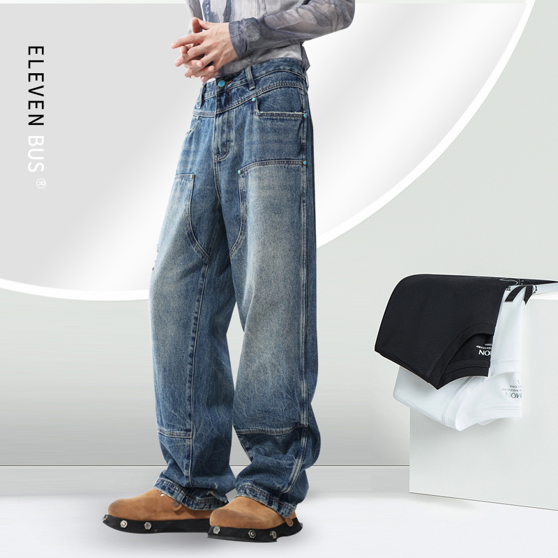 봄과 가을 미국 하이 스트리트 패션 브랜드 남성 리핑 청바지 느슨한 스트레이트 디자인 넓은 다리 데님 바지