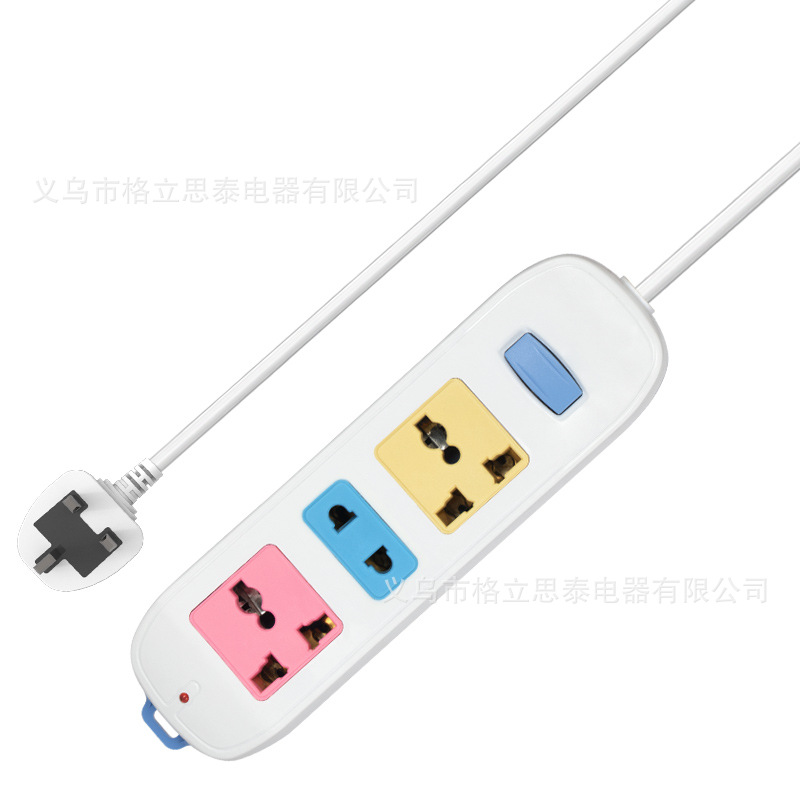 工厂批发彩面3位带开关插板国际万能孔排插接线板插排延长线插座