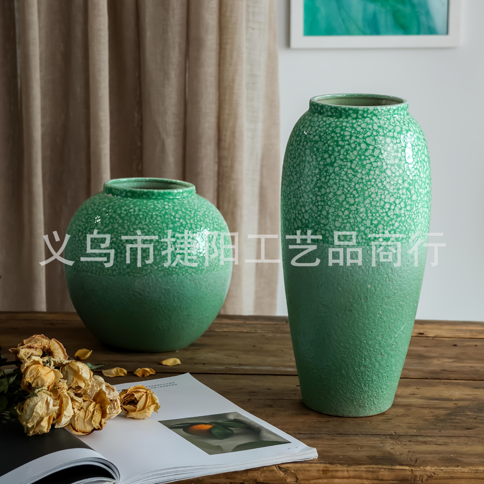 Xiyin Temu One-Piece Drop-Shipping Green Ceramic Vase Dining Table Living Room Dried Flower Decoration Vase Nordic Style