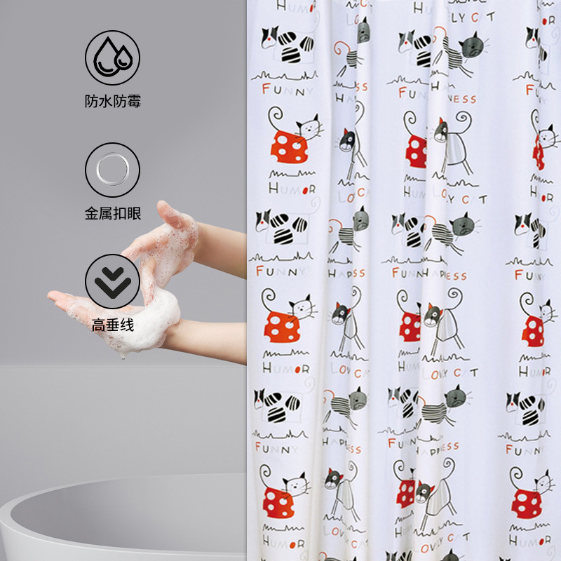 Cross-border Amazon Bathroom Curtain Cartoon Cat Thickened Bathroom Waterproof Shower Curtain PEVA Shower Curtain Fabric Wholesale