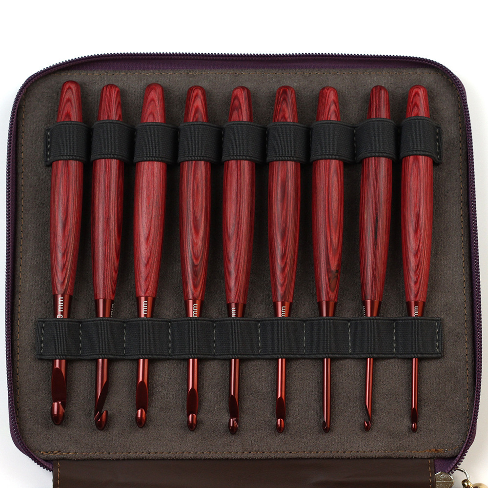 Herramientas transfronterizas pulidas manuales de madera ganchillo rojo madera sintética ergonómica ganchillo cabeza 9 paquetes