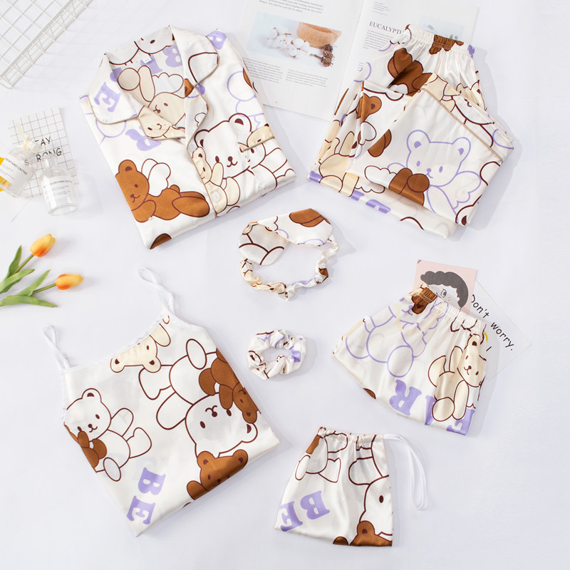 Entrega de una pieza nueva flor de siete piezas pijamas de manga larga de primavera de las mujeres de seda-como sexy homewear traje pijamas