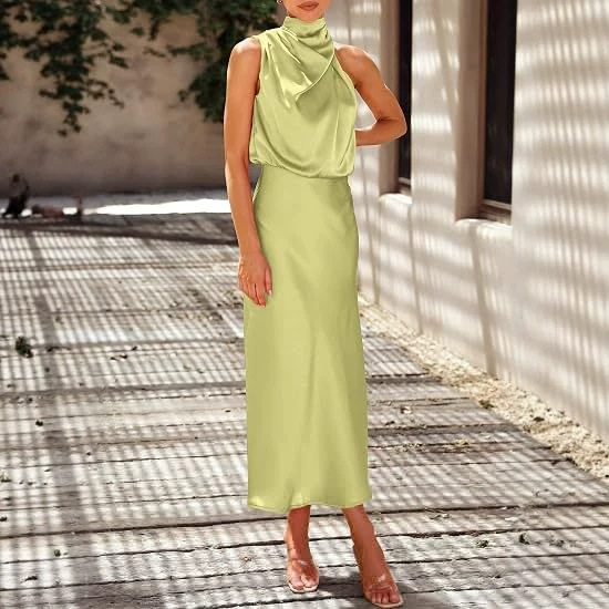 Avocado green satin halter-neck sleeveless dress for women, featuring a high neckline, a fitted waist, and a flowing, long design, perfect as an evening gown Avocado green satin halter-neck sleeveless dress for women, featuring a high neckline, a fitted waist, and a flowing, long design, perfect as an evening gown