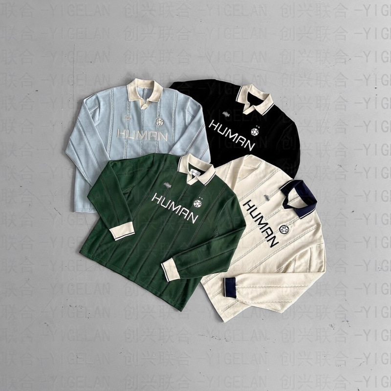 European and American Autumn and Winter Football Jersey Embroidered Long-Sleeved Knitwears Trendy Brand Lapel American Retro Men's and Women's Knitwears Wholesale