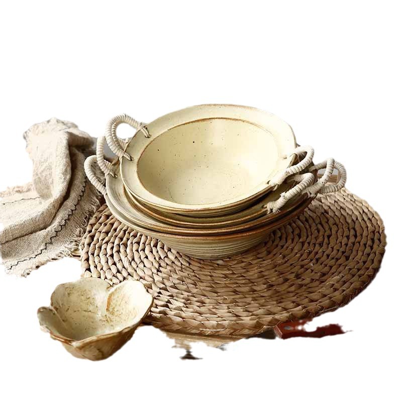 Cuerda de cáñamo cuenco de gres de doble oreja vintage apenado sombrero de paja cuenco de pasta hogar tazón de fideos tazón de sopa