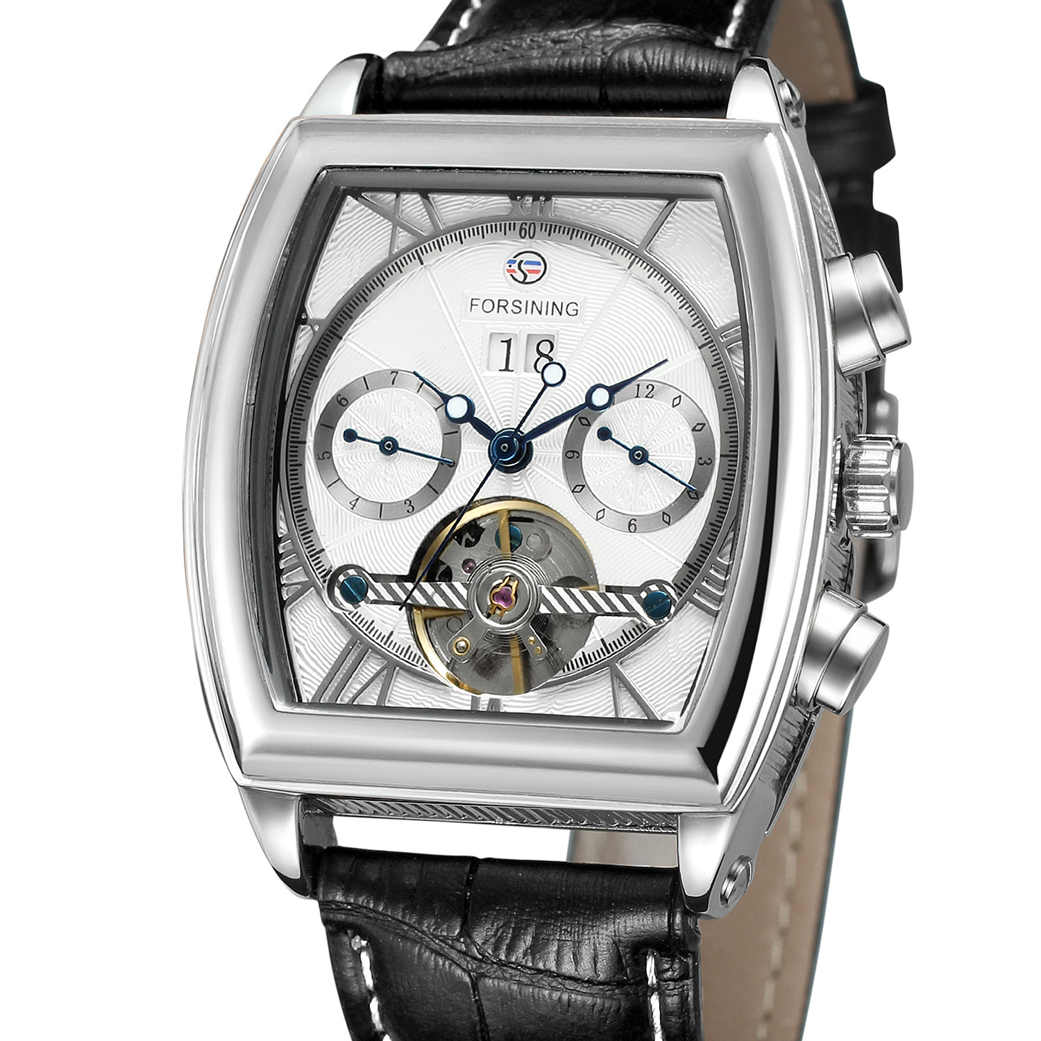 Montre mécanique à bracelet avec volant ouvert et calendrier_voghion.com