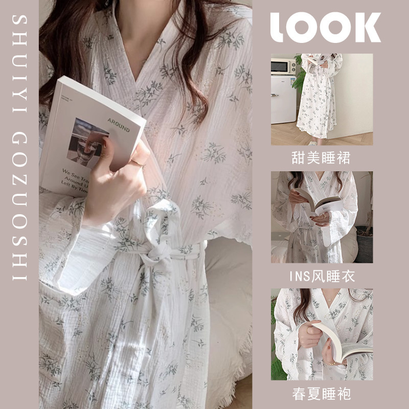 Ins Style Nightgown Women's Spring and Summer New 2025 Japanese Style Pajamas Long Kimono Bathrobe Loose Floral Home Clothes