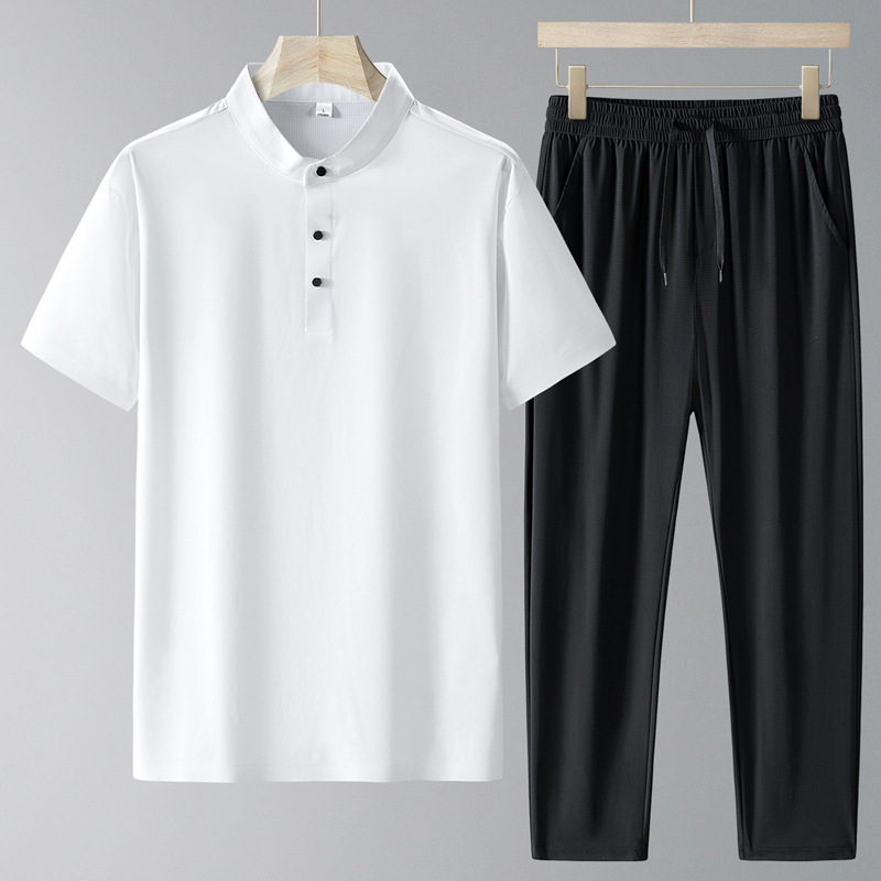 Traje de verano para papá 2025 nueva camiseta de manga corta con cuello alto para hombre de seda de hielo pantalones casuales delgados de secado rápido de verano