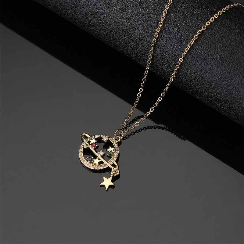 copper micro-inlaid color zircon personality planet pendant 18K gold plated star necklace