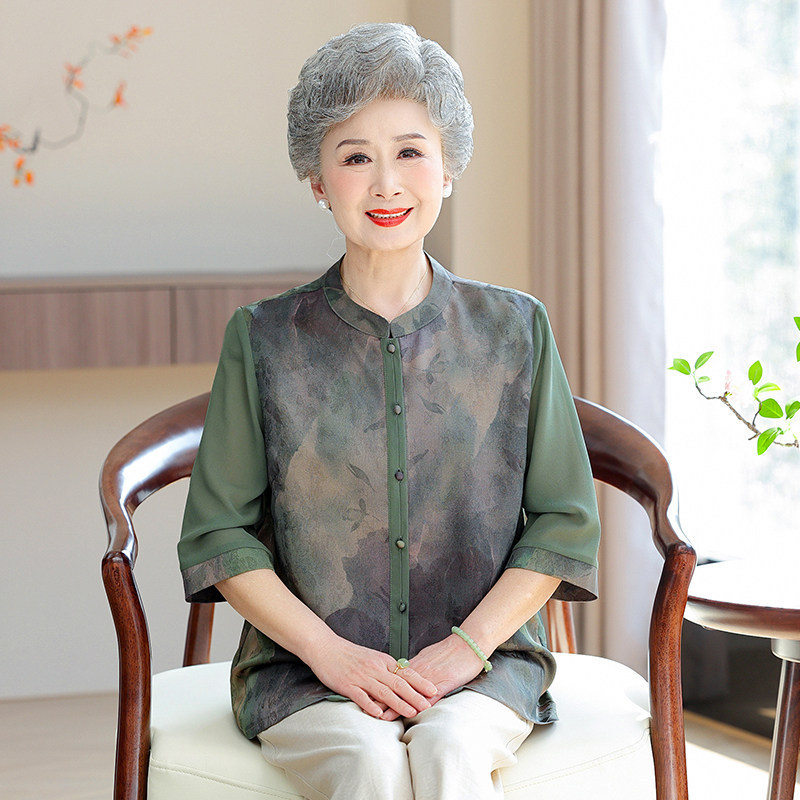 Elegant Summer Shirt for Elderly Women, Plus-Size, Stylish Spring Outfit for Mothers, Three-Quarter Sleeve Top, New Chinese-Style Clothing for 70-Year-Old Grandmothers