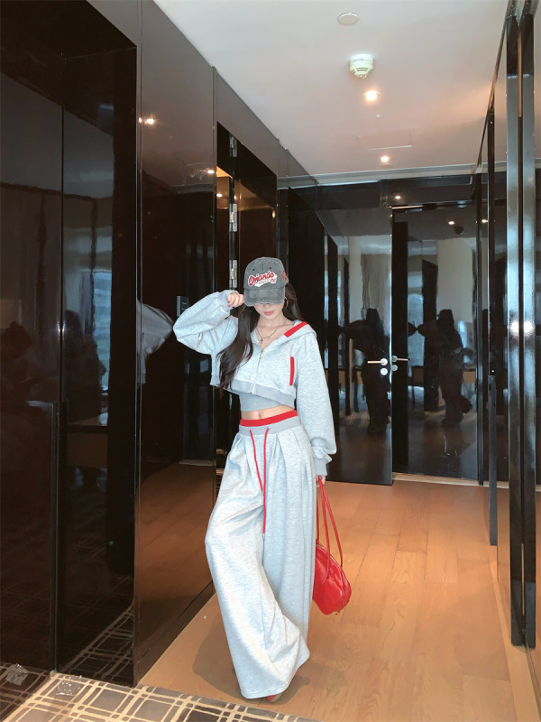 实拍 2025秋冬美式辣妹设计感拼色短款卫衣直筒宽松抽绳卫裤套装|undefined