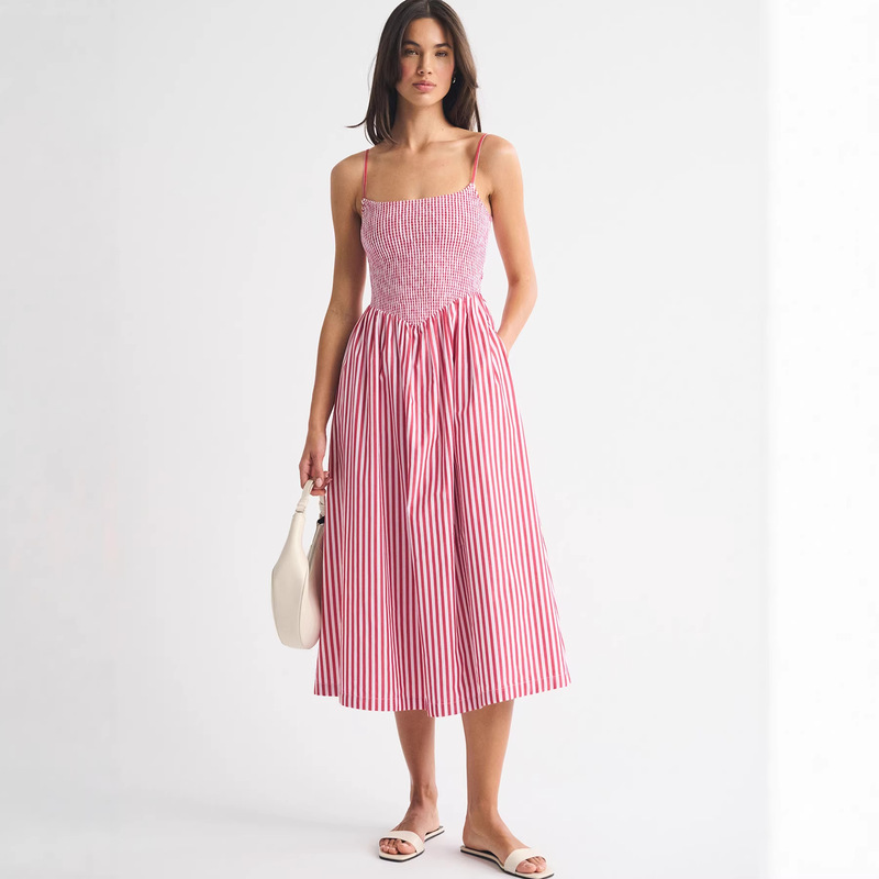 French-Style Patchwork Spaghetti Strap Dress for Women, Summer Tube Top Backless Halter Neck Long Dress with Striped Print, Pockets, and A-Line Waist-Cinching Design French-Style Patchwork Spaghetti Strap Dress for Women, Summer Tube Top Backless Halter Neck Long Dress with Striped Print, Pockets, and A-Line Waist-Cinching Design