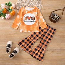 女童节日款春秋季欧美不连帽长袖格子喇叭裤套装现货一件代发