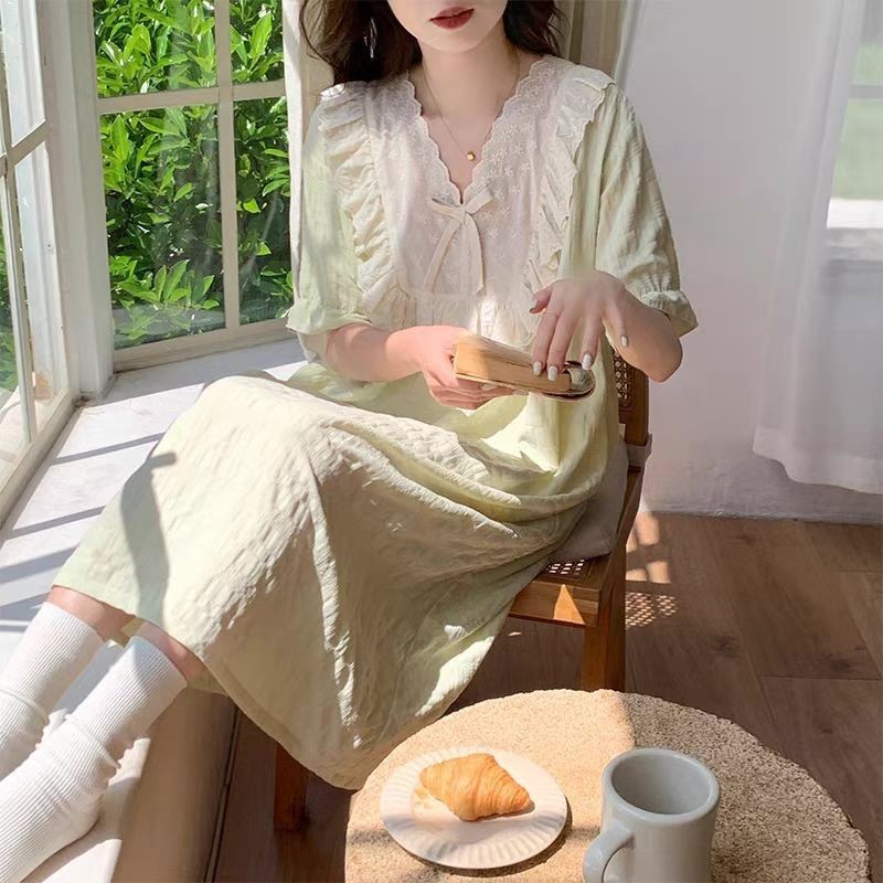 Camisón simple verano femenino nuevo estilo nube algodón encaje encaje estilo princesa pijamas para el hogar falda de longitud media