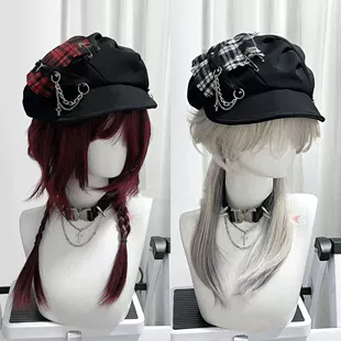 Black checkered beret, punk style, 2 carat