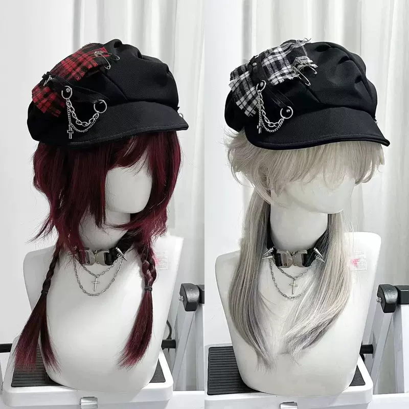 Black checkered beret, punk style, 2 carat