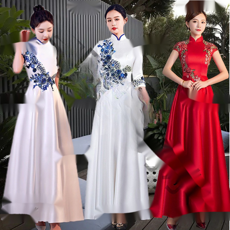 Etiquette Reception Clothing Etiquette Cheongsam Dress Miss Gold Shop Event Wind Blue and White Award Dress Hotel Reception Etiquette Reception Clothing Etiquette Cheongsam Dress Miss Gold Shop Event Wind Blue and White Award Dress Hotel Reception