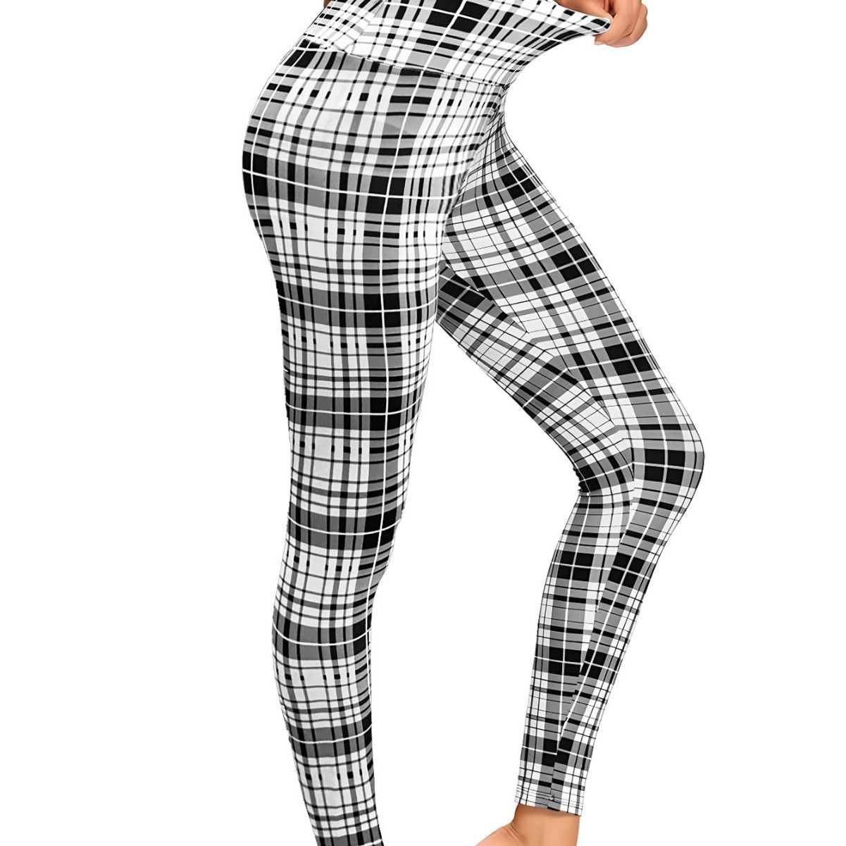 亚马逊跨境欧美春秋季黑白细格印花长裤女士运动瑜伽裤