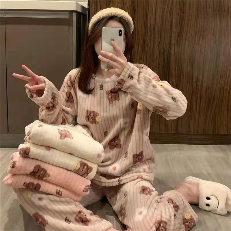 秋冬季珊瑚绒睡衣套装女加绒加厚家居服时尚可外穿法兰绒开衫睡袍|undefined