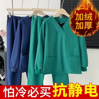 加绒洗手衣女医生秋冬季医护口腔工作服男加厚长袖弹力口腔刷手服