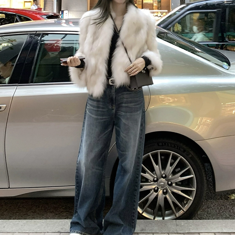 (2개) 히비스커스 유행 소녀 DU 가족 고양이는 청바지 허리 스트레이트 바지 여성의 복고풍 올 매치 트렌드