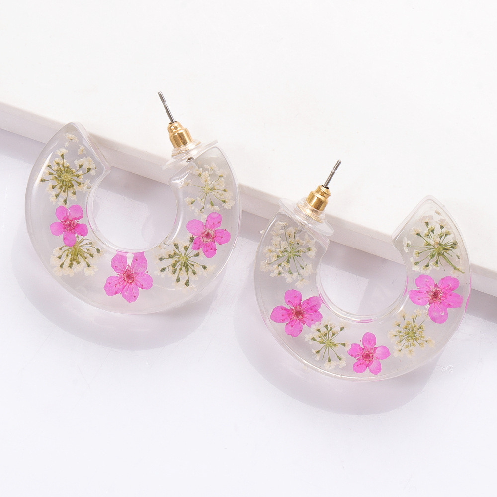 Boucles D&#39;oreilles En Forme De C En Forme De Fleur En Résine Transparente display picture 14