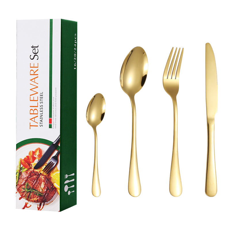 Cuchillo de acero inoxidable Amazon, tenedor y cuchara traje de 24 piezas 1010 cuchillo de carne occidental, tenedor y cuchara regalo traje de caja de regalo transfronterizo