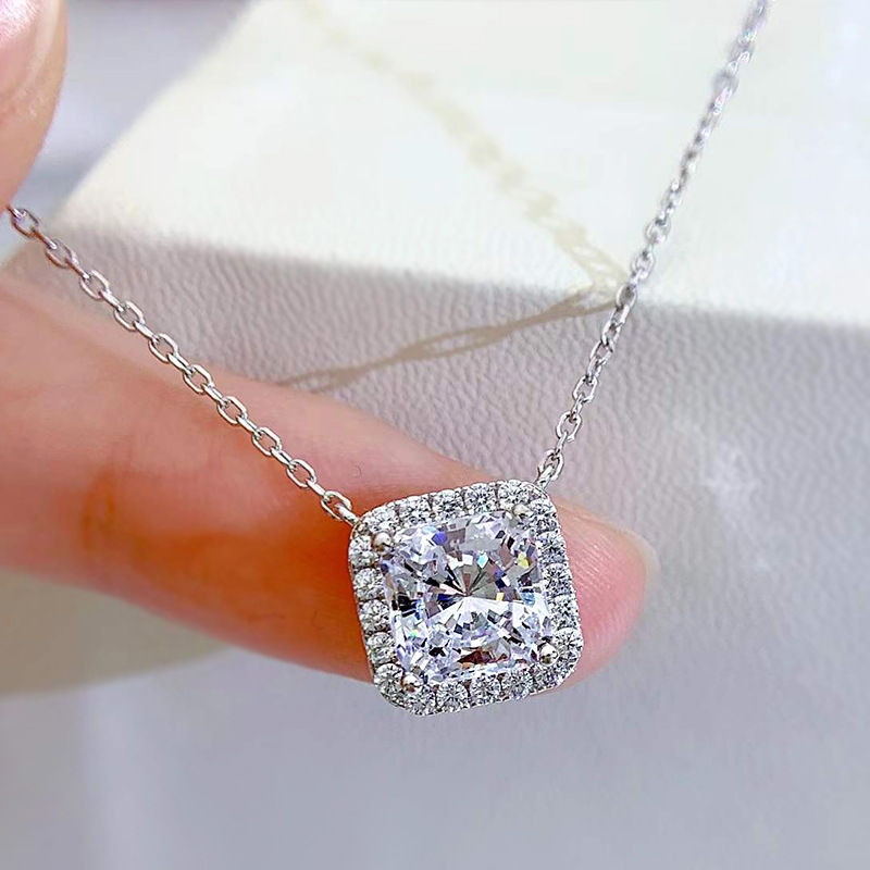 14g Weight High Carbon Diamond Inlay Material Pendant Necklace Classification cable chain Chain Type 1 Piece Quantity Holiday, Daily Occasion 925 Sterling Silver Material Square Pattern Women'S Gender Plating, Inlay Design Simple Style Style 925 Sterling Silver Cable Chain Plating Inlay Square High Carbon Diamond Pendant Necklace 7