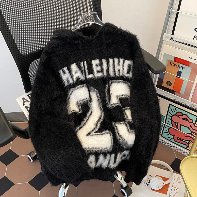 American retro letras Jacquard diseño sensación de suéter encapuchado para hombres y mujeres otoño y invierno nuevo suéter de punto relajado casual versátil