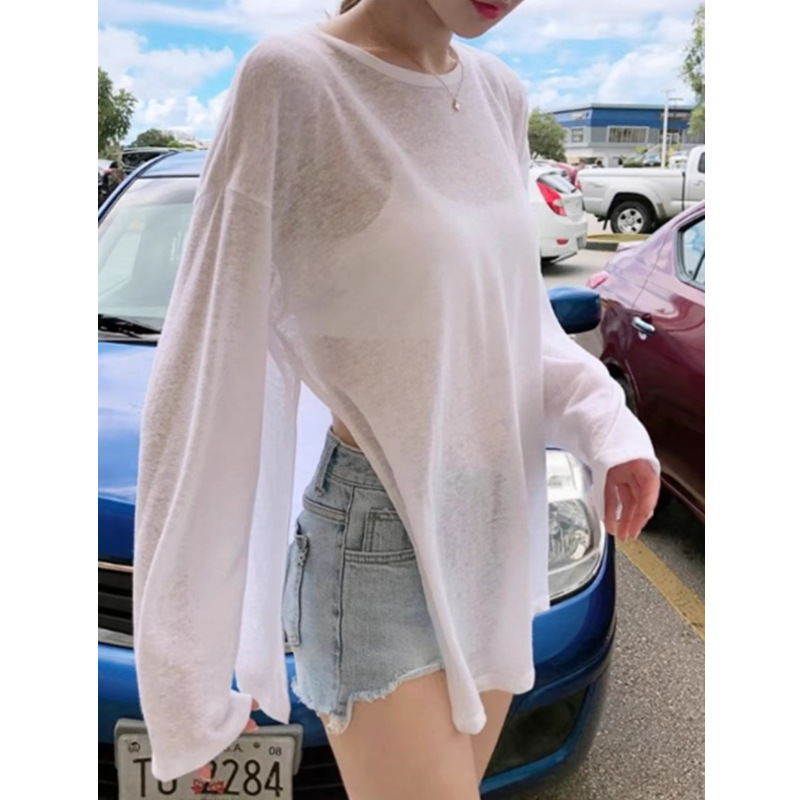 夏季针织防晒罩衫女ins小众设计感圆领上衣宽松轻薄款外搭防晒T恤