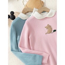 外贸秋冬新款儿童羊绒卡通针织衫娃娃领套头毛衣女童提花可爱猫打