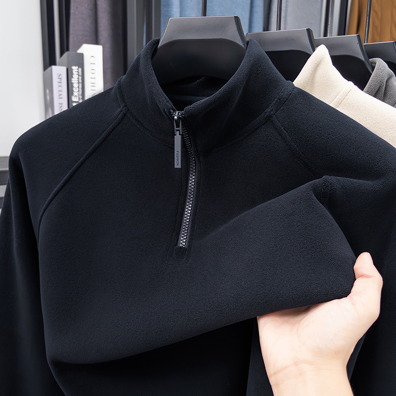 Double-Sided Velvet Bottoming Shirt Men's Half-Zip Winter Warm Stand-Up Collar Long-Sleeved T-Shirt Casual Versatile Sweatshirt Men's Top