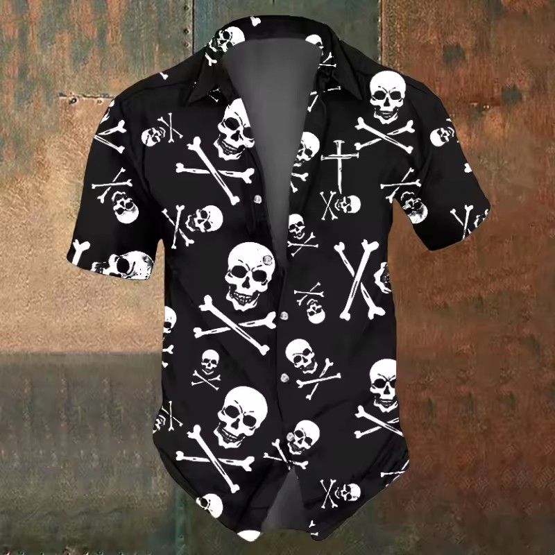 Personalidad Thriller Mist Skull 3D Impresión digital Camisa suelta de manga corta con solapa de botón de la calle de verano para hombres