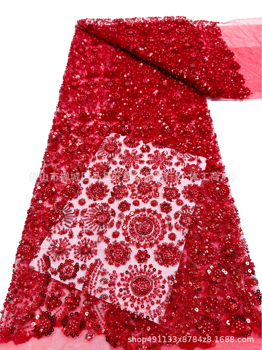 Redondo sol sequin clavado tela de malla de perlas vestido de boda de estilo nacional vestido de tela de banquete en stock