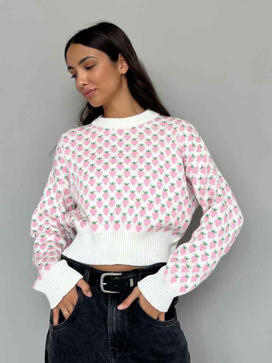 Suéter de cuello redondo transfronterizo 2025, nuevo suéter jacquard de fresa de otoño y invierno, suéter de manga larga corta de estilo europeo y americano para mujeres