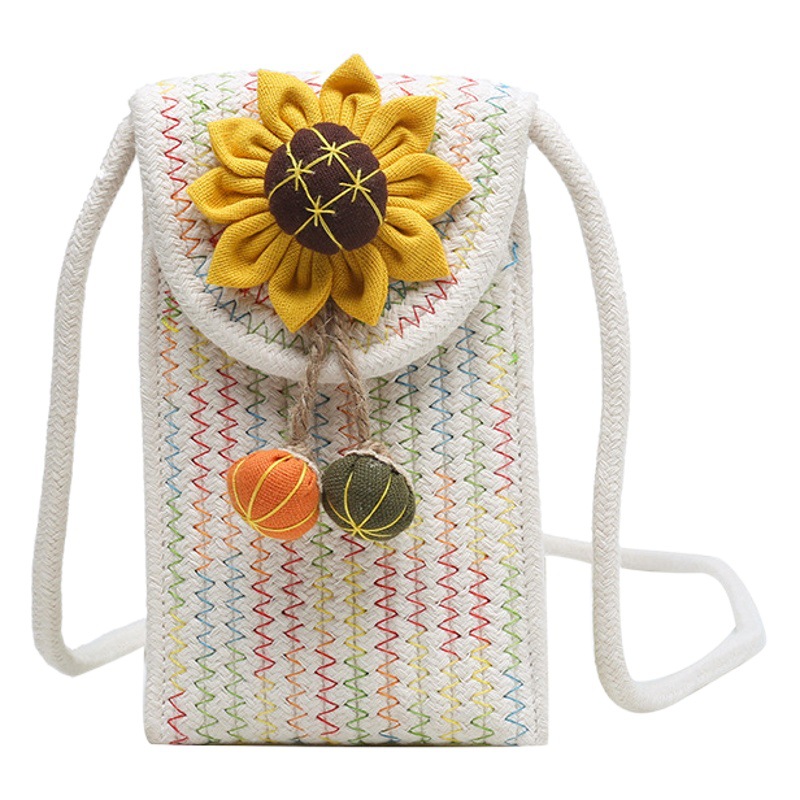 Transfronterizo nuevo bolso tejido flor hombro crossbody bolso de las mujeres playa de vacaciones bolsa de teléfono móvil de algodón de cuerda tejida bolsa de lápiz labial