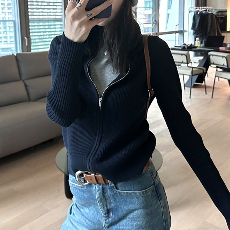 Black Label Series Minimalist Style Korean Custom Soft Merino Wool Double Zip Knit Sweater for Women Fashionable