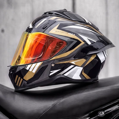 Motosiklet kaskı (dəbilqə) — riding, full-face motorcycle helmet - gold-windbreaker-electronic-red-mirror-coating-free-clear-lens-m55-56cm