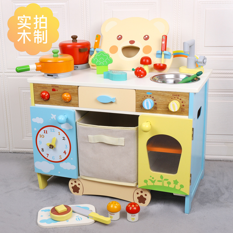 跨境兒童過家家大熊廚房玩具套裝女孩小寶寶煮飯做飯木制仿真廚具