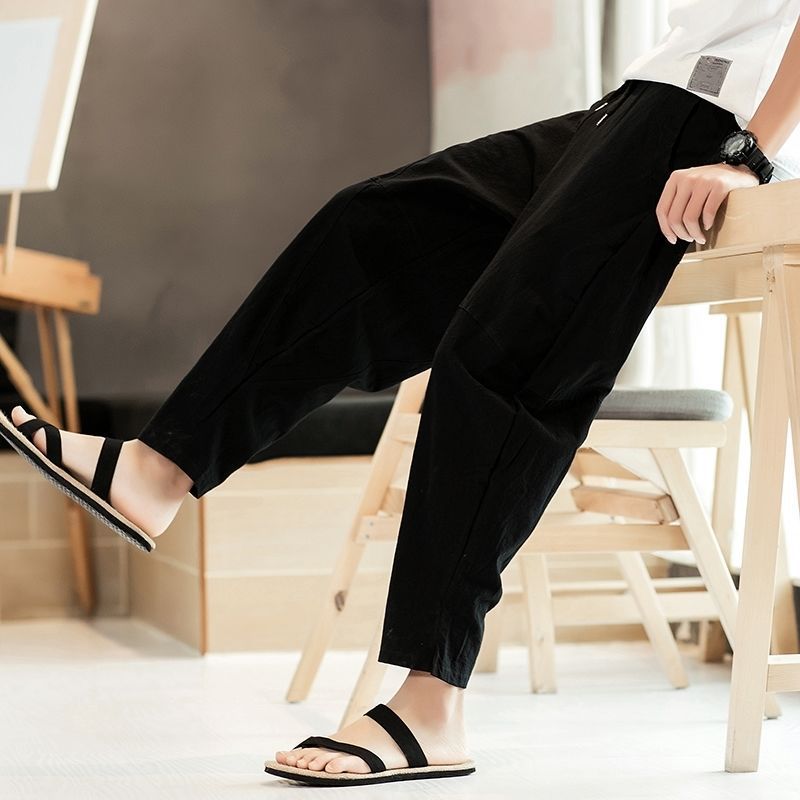 Pantalones anchos de primavera y verano, pantalones casuales sueltos de todo fósforo, pantalones harem de algodón chino, pantalones de bombachos de hombre de gran tamaño, pantalones de rábano gordo