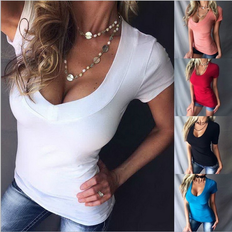 A Large Number of Spot 2024 European and American Sexy Pure Color Deep V Neck Short-Sleeved T-Shirt Women's Wish Bottoming Shirt 13 Yuan