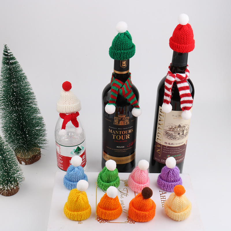 针织迷你毛线圣诞帽暴力熊公仔酒瓶套帽手工制作圣诞节装饰品配件