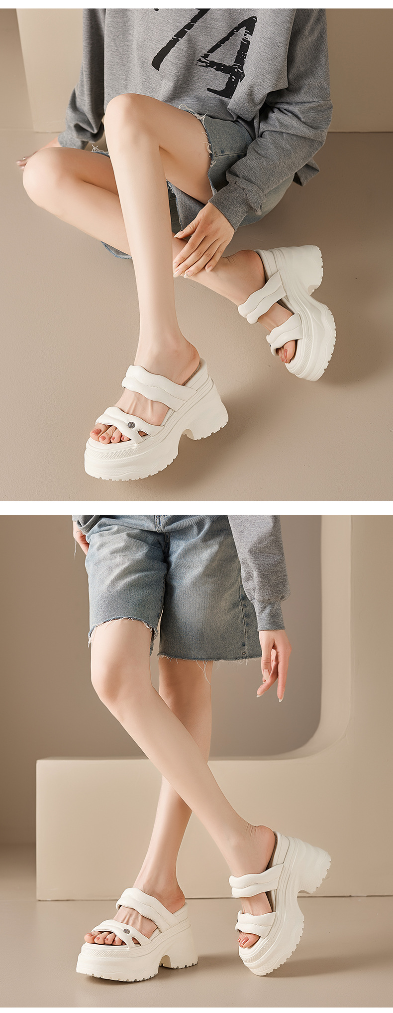 Sandal cao gót nữ đế dày 12cm quai ngang da thật phong cách thể thao — Trắng kem-Da bò, Đen-Da cừu chi tiết 7