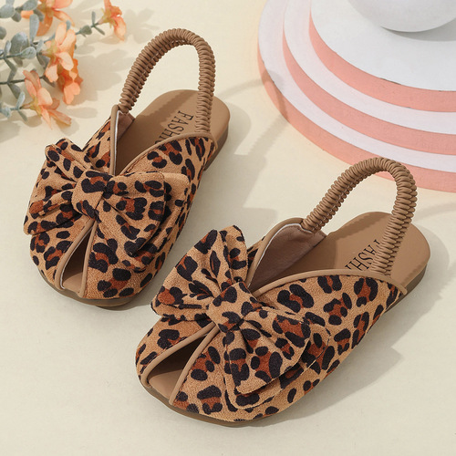 New leopard print girls' summer sandals fish mouth slippers with soft bottom, bowknot head cover, princess style, casual and fashionable